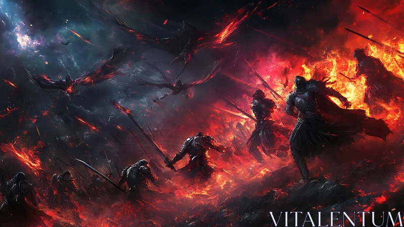 Infernal knight vanguard storms burning battlefield sky