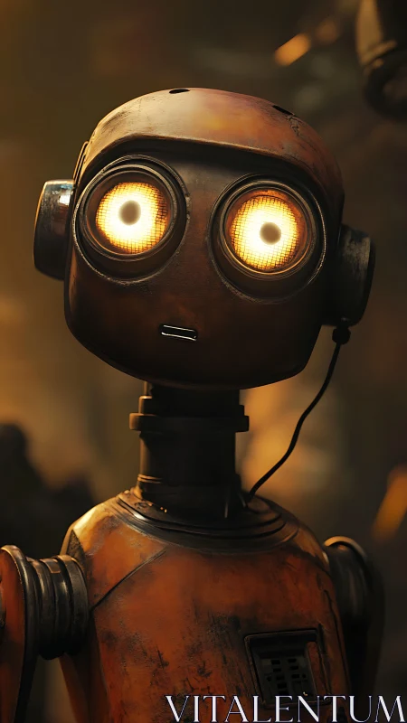 Cinematic 3D portrait of worn orange service robot unit.