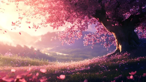 Blossom-draped hilltree cradles a sunlit dream valley.