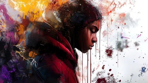 Side profile portrait amid dense abstract paint textures.