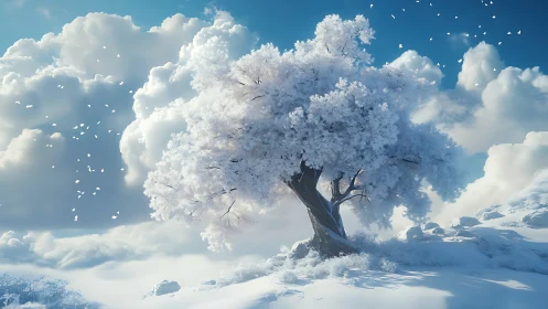 Solitary frost-covered tree on luminous snowfield under clouds