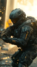Futuristic armored soldier advances through burning ruins.