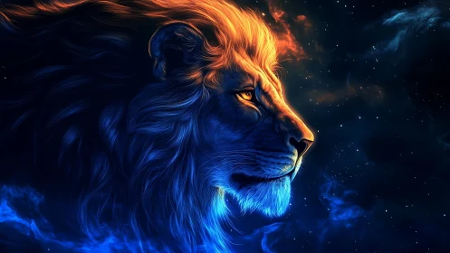 Bioluminescent lion profile in dual color cosmic environment.
