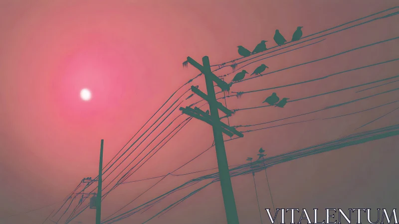 Silhouetted birds on power lines under a diffuse crimson sun