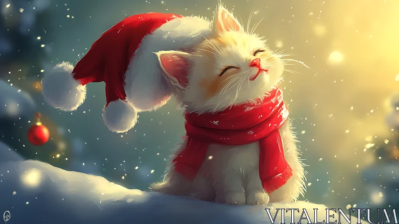 Warm backlit kitten in Santa hat rendered with soft edge lighting