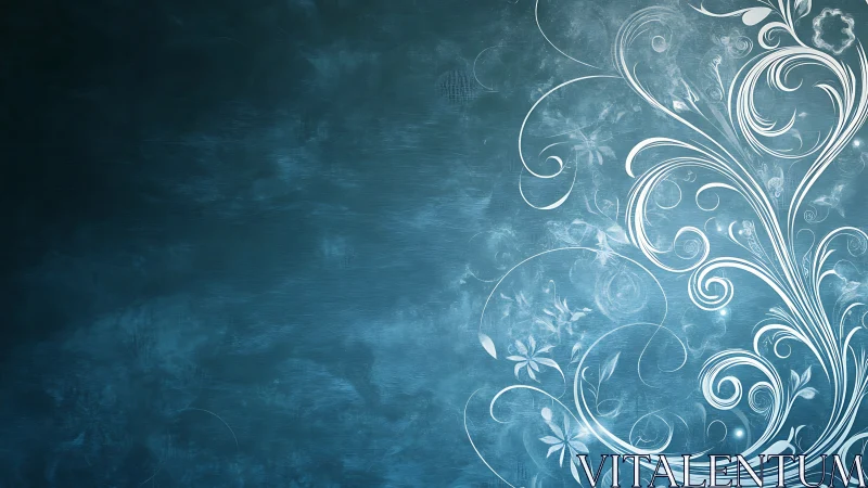 Curled white vines quietly bloom across an icy teal hush