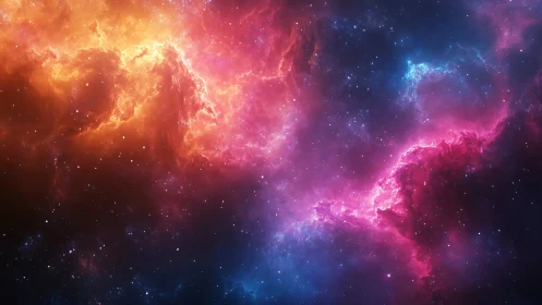 Cosmic nebula clouds in vivid magenta, cyan and gold glow.