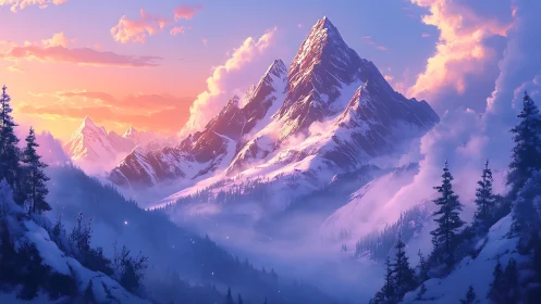 Aurora-kissed alpine spires rise through lavender dawn mist.