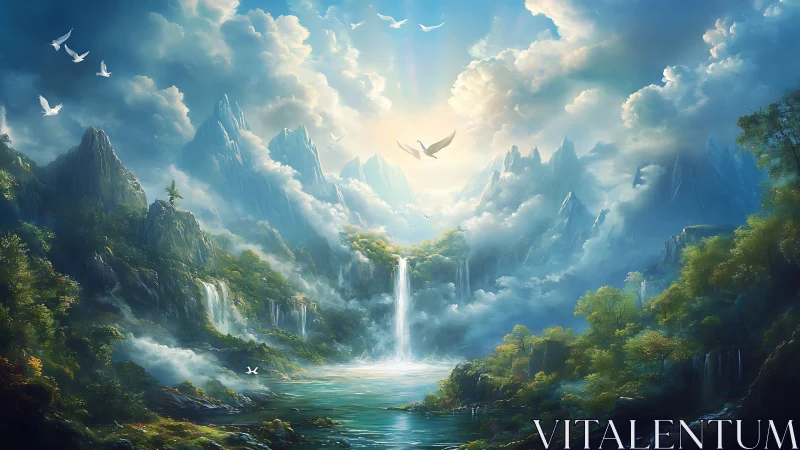 Sunlit mountain sanctuary welcomes soaring doves and waterfalls