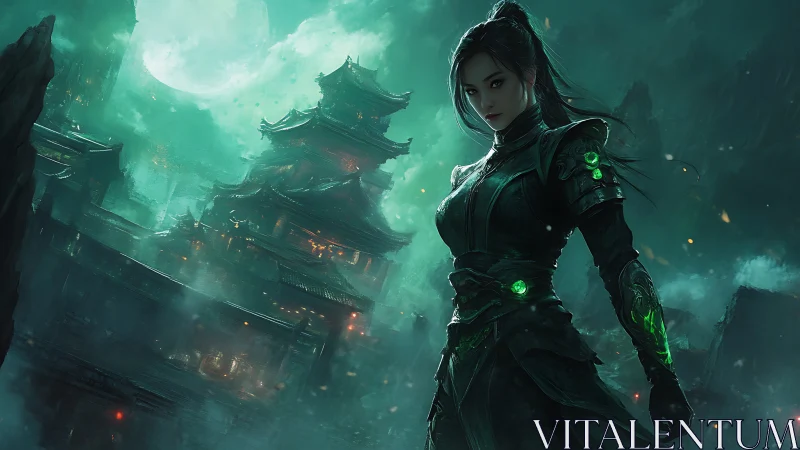 Moonlit warrior stands guard over a misty jade palace