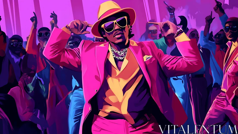 Neon pop art party scene with dancing man in pink suit.