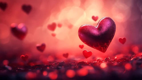 Red heart formations in bokeh background with particle elements.