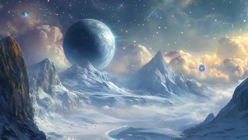 Icy alien mountain range stretches beneath looming blue planet