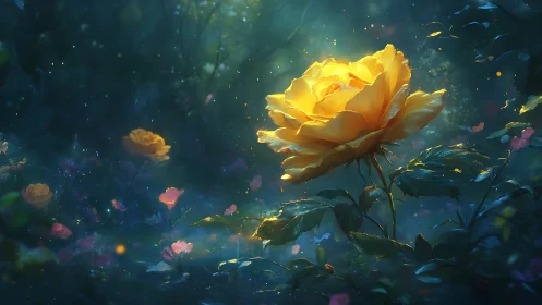 Luminescent Yellow Rose in Ethereal Blue Garden Environment
