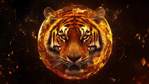 Fiery tiger visage emerging from molten golden sphere.