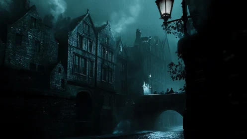 Rain-soaked alley lets ghostly teal windows quietly whisper