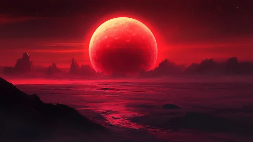 Red alien landscape with large glowing planet horizon.