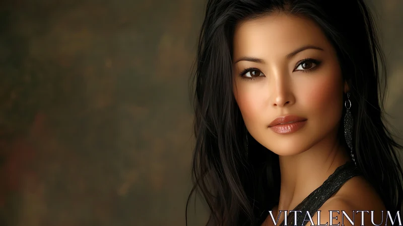 Elegant Portrait of Woman with Long Dark Hair in Soft Lighting.