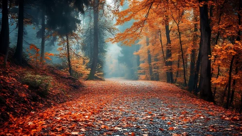 Autumn forest pathway with volumetric light diffusion and chromatic leaf accumulation