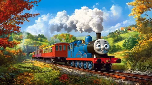 Smiling blue cartoon train steams through bright autumn valley