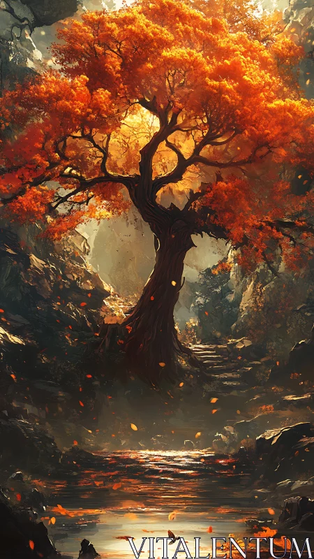 Ancient autumnal tree above reflective stream in rocky gorge