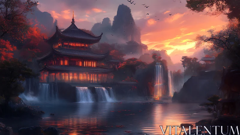Glowing lakeside temple welcomes twilight over soft waterfalls