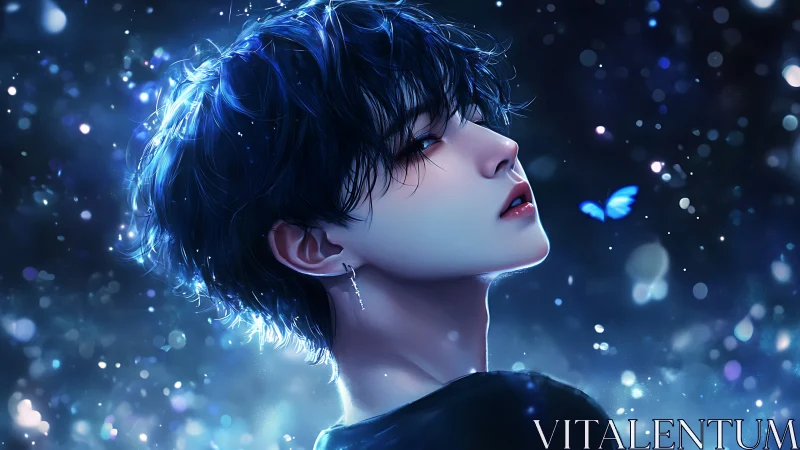 Moonlit boy watches a glowing blue butterfly in dreamlike night