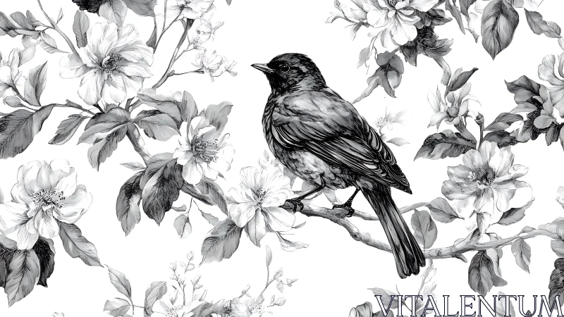 Elegant black and white songbird with floral branches illustration.