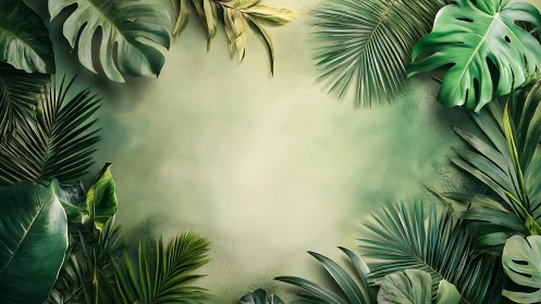 Tropical monstera border framing textured green backdrop.