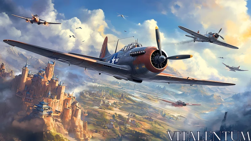 Wartime prop fighters execute low-altitude castle flyover maneuver