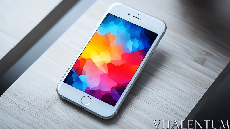 White iPhone displaying gradient mosaic composition with polyhedric color transition