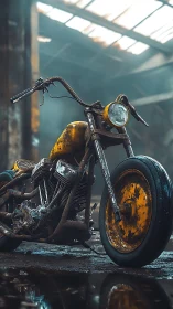 Rustic yellow chopper stands in moody abandoned warehouse.