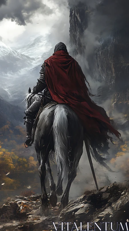 Armored rider surveying glaciated canyon from precipice vantage.