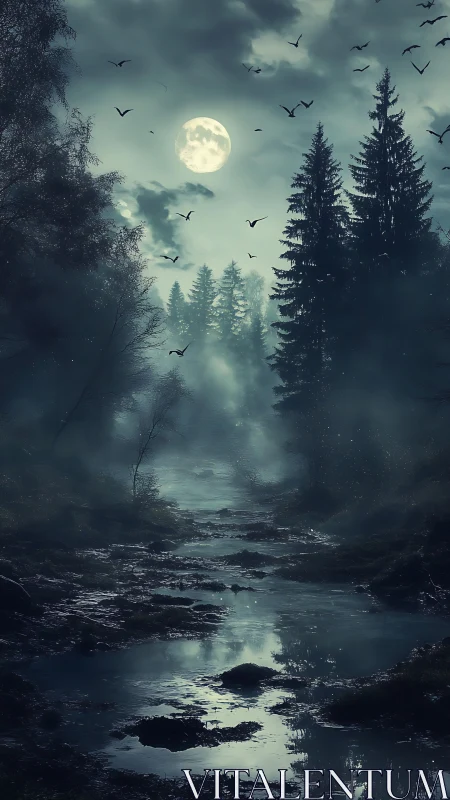 Moonlit ravens circling above misty forest river at dusk.