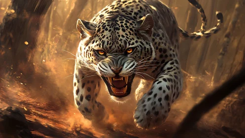 Aggressive Leopard with Bared Fangs in Golden Dust Storm.