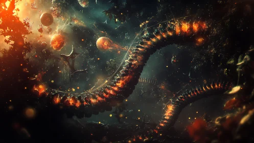 Bioluminescent cosmic serpent coiling through nebular debris field