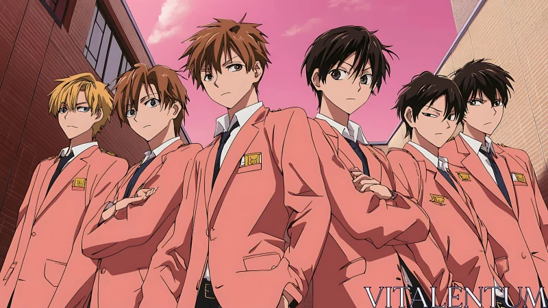 Sky-tinted hallway crowns a squad of pink-blazer resolve