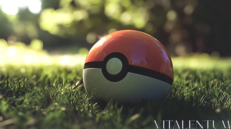 Pokeball rests on sunlit grass with soft bokeh glow.
