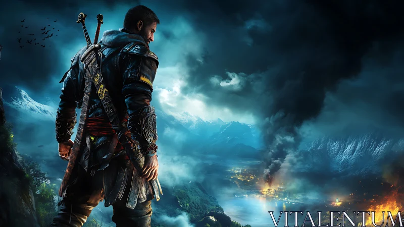 Armed warrior overlooking burning valley under stormy sky.