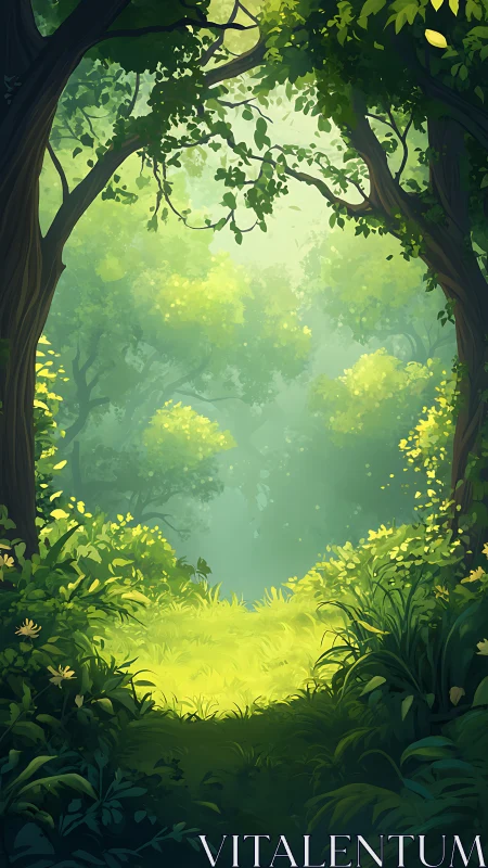 Enchanted forest clearing with radiant yellow-green light filtering through canopy