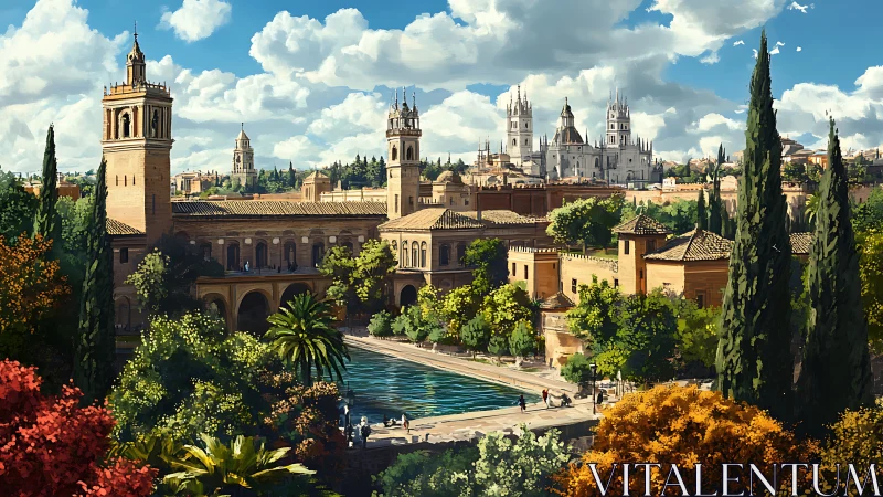 Historic Mediterranean cityscape with towers and gardens.