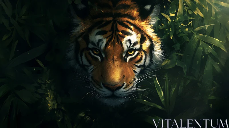 Golden-eyed tiger gazes calmly from deep emerald jungle