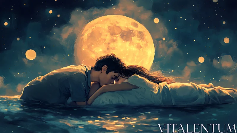 Couple in Moonlight Over Water at Night.