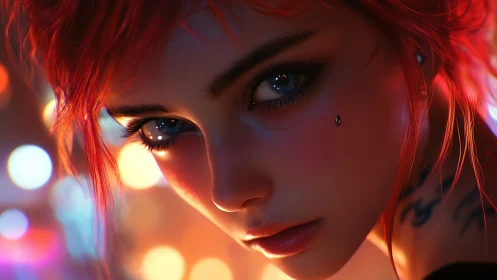 Neon-lit cyberpunk portrait with intense reflective gaze.