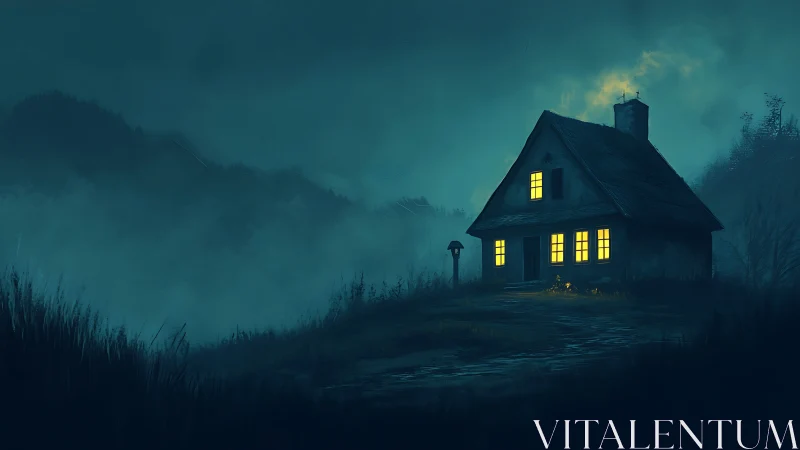 Cozy cottage windows glowing softly in the misty nightscape.
