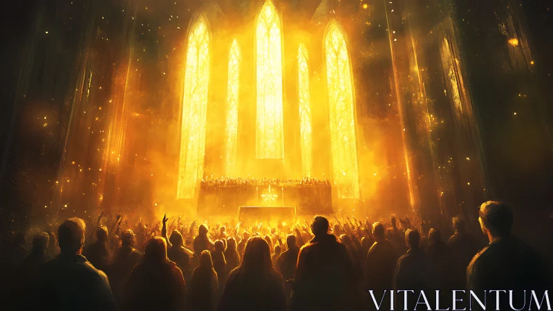 Radiant congregation gathers before blazing cathedral altar