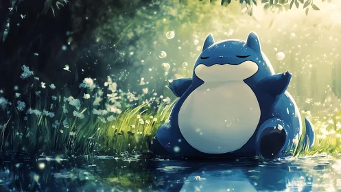 Blue creature resting beside reflective forest water edge.