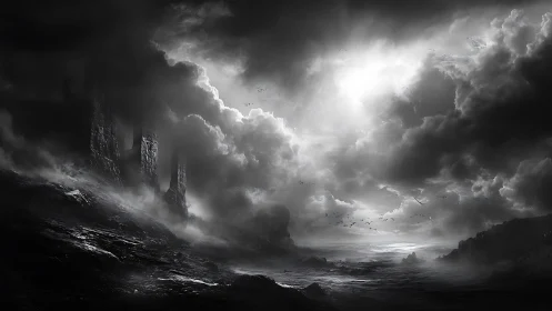 Stormlit obsidian coastline unravels beneath brooding clouds