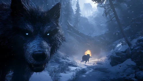 Large wolf occupies foreground in snowy forest ravine scene