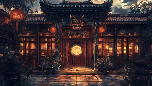 Lantern-lit temple courtyard in glowing autumn dusk.